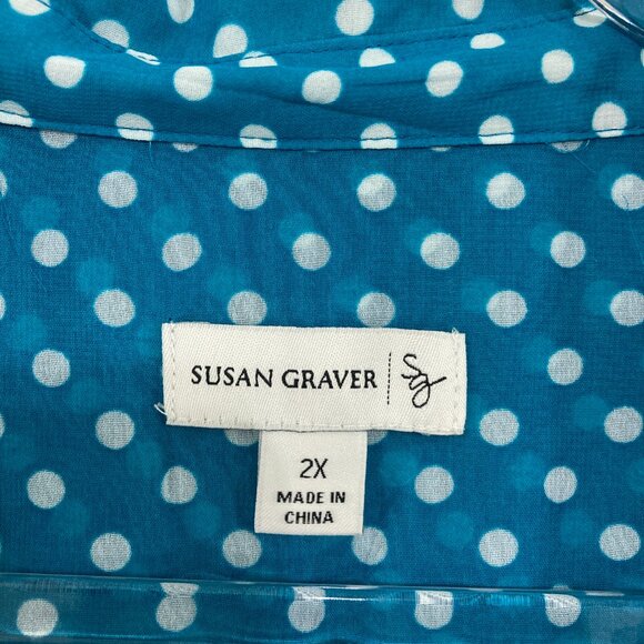Susan Graver Top 2X Blue White Polka Dot Soft Flowy 3/4 Sleeve Chiffon Button Up - Picture 2 of 11